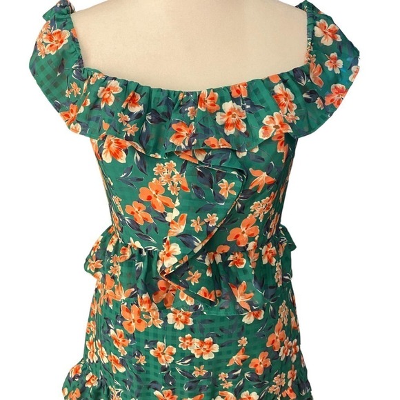 Tularosa Kelly Green Floral Ruffle Gingham Tiered Back Zip Lily Dress Women S - Picture 4 of 10
